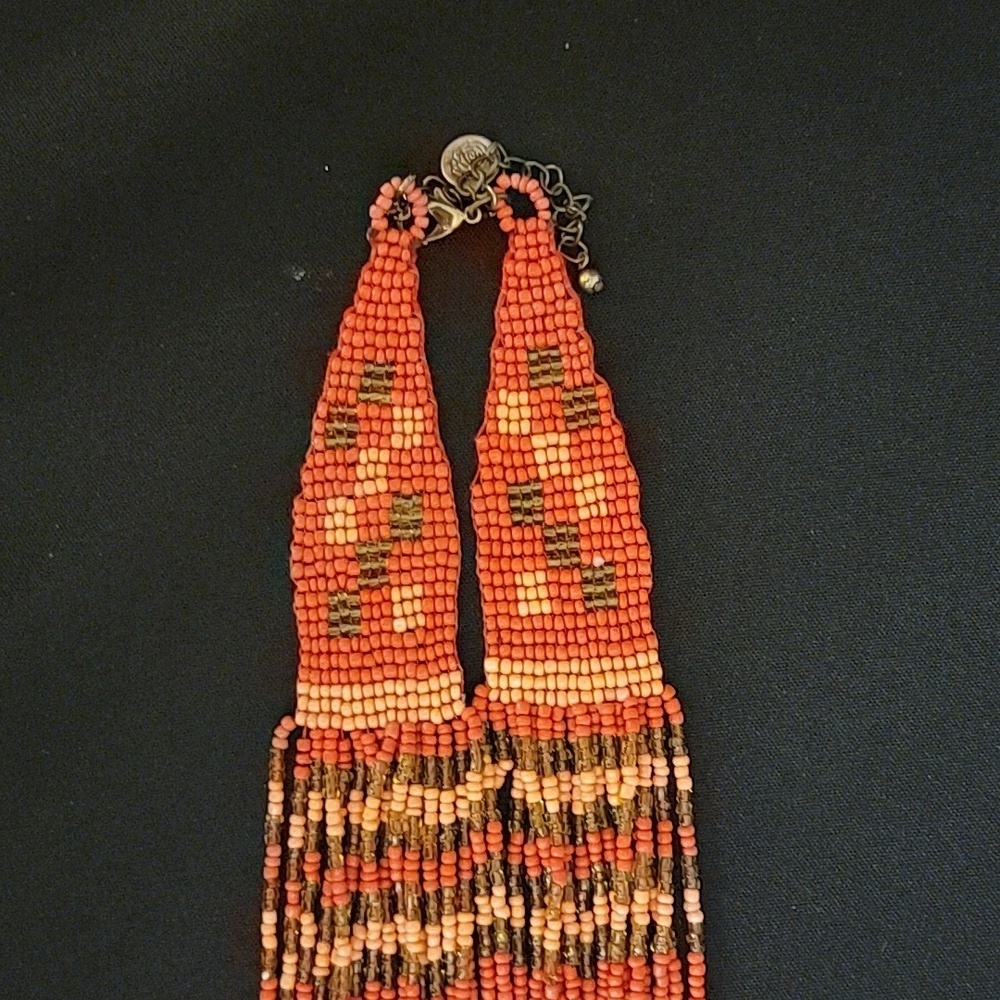 Beaded Multistrand Necklace Red and Orange - Picture 5 of 7